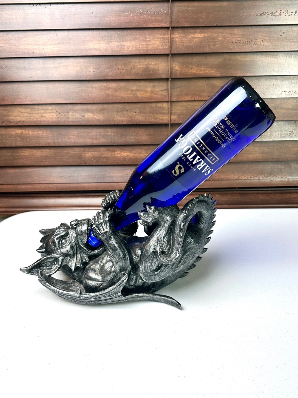 Gargoyle Dragon Bottle Holder Wine Rack With Metallic Stone Silver Finish